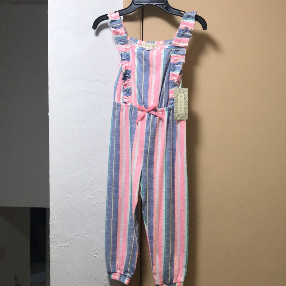 between Girls Sleeveless Jumpsuit Multicolor Pink, Blue and White Stripes. NWT